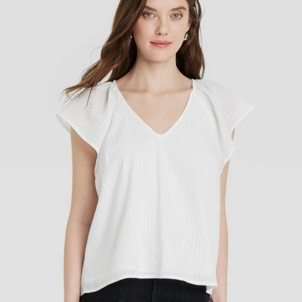 White Short Flutter Sleeve Blouse by Universal Thread